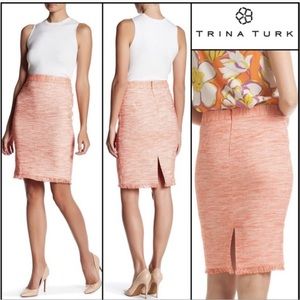 Trina Turk Dorris Fringed Hem Coral Tweed Melange Pencil Skirt Size 4